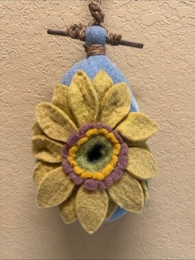 DZI wild woolies handmade 100% wool Flower Hanging birdhouse- Yellow & Blue